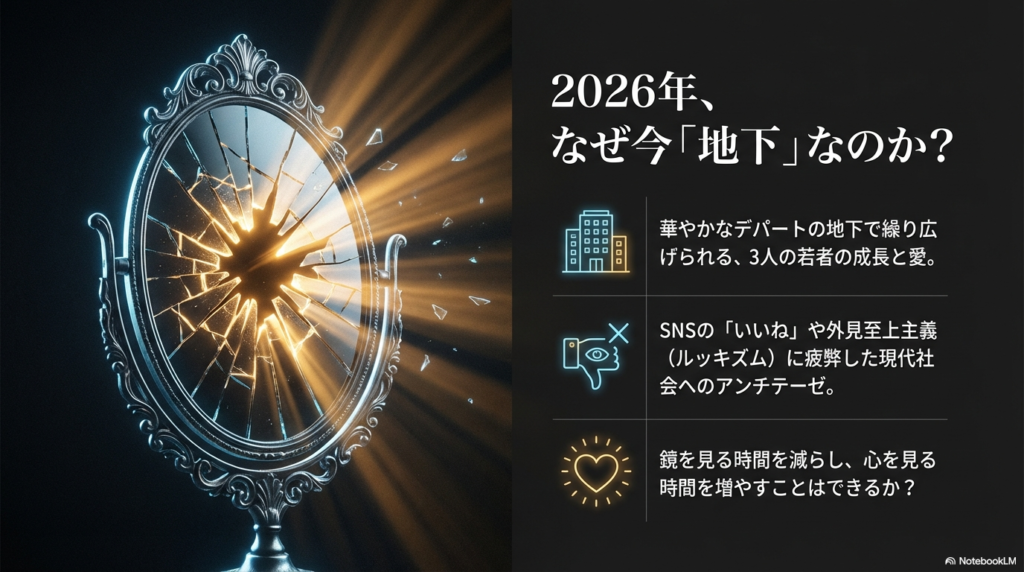 現代社会のルッキズムへのアンチテーゼと、デパートの地下を舞台にした物語の背景を説明するスライド