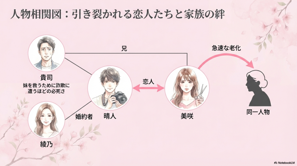 晴人と美咲の恋人関係、兄の貴司とその婚約者・綾乃、そして老婆となった美咲が同一人物であることを示す相関図。