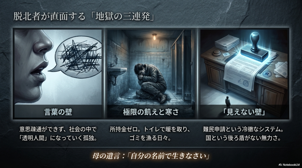 言葉の壁、飢えと寒さ、難民申請というシステムによる「見えない壁」の3つの苦難を説明する図解スライド。