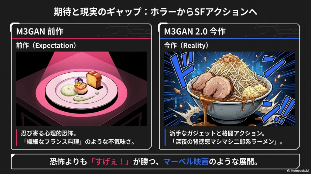 前作を「繊細なフランス料理」、今作を「マシマシ二郎系ラーメン」に例えた比較イラスト。ホラーからSFアクションへの変化を表現。