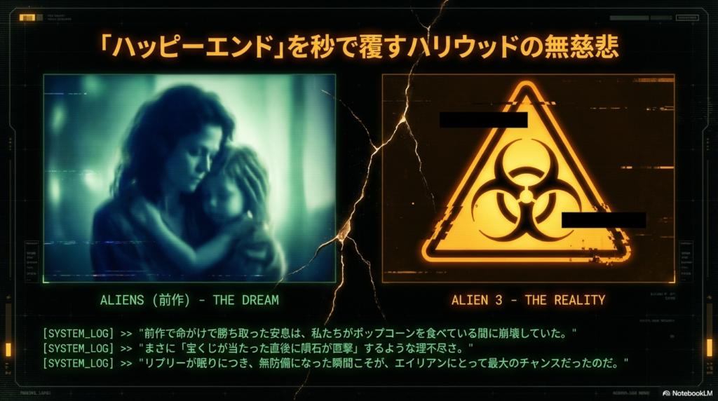 前作『エイリアン2』でリプリーがニュートを抱きしめる温かい画像と、バイオハザードマークが対比され、無慈悲な現実を強調している。