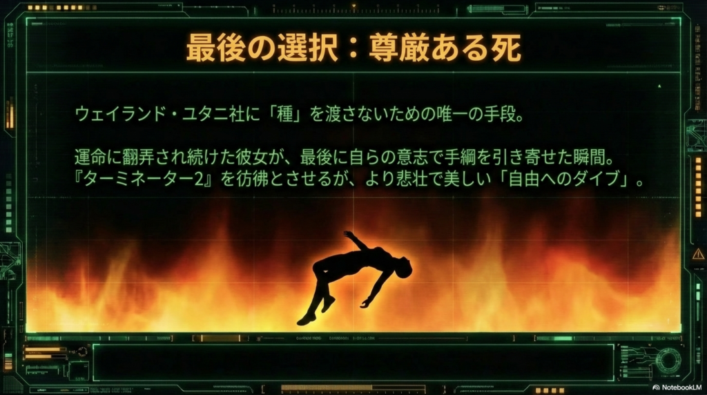 会社に種を渡さないための唯一の手段として、自ら溶鉱炉へダイブする決意を綴ったスライド。