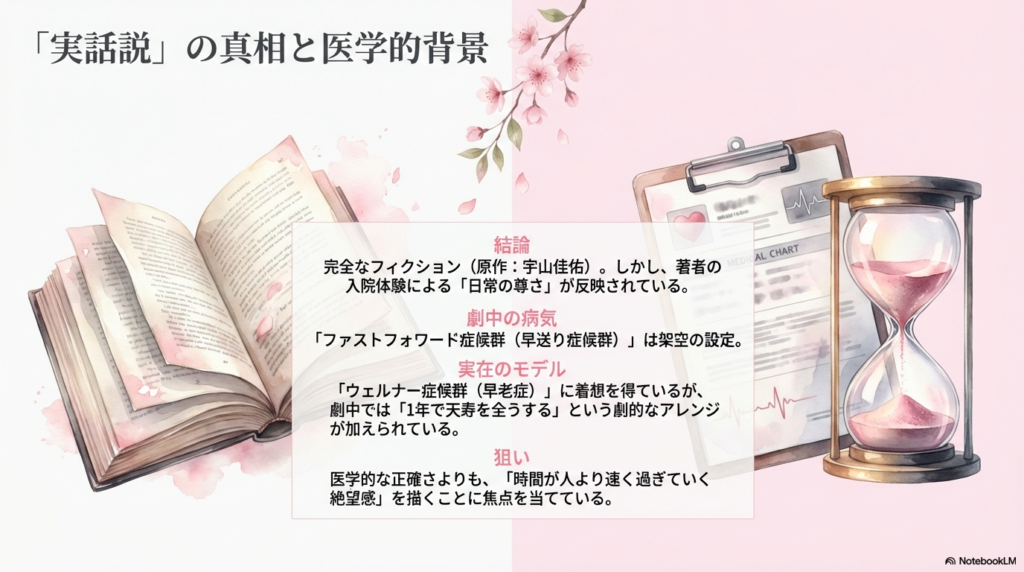砂時計のイラスト。劇中の「早送り症候群」と、モデルとなった実在の「ウェルナー症候群」の違いを解説する図解。