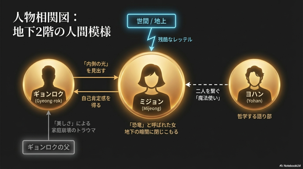 ミジョン、ギョンロク、ヨハンの3人の関係性と、それぞれのキーワード（恐竜、トラウマ、魔法使い）をまとめた相関図