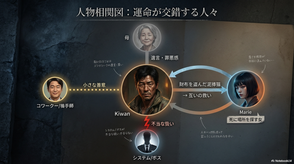 ロ・ギワンを中心に、母の遺言、マリ、システムやボスとの関係性を示したキャラクター相関図スライド。