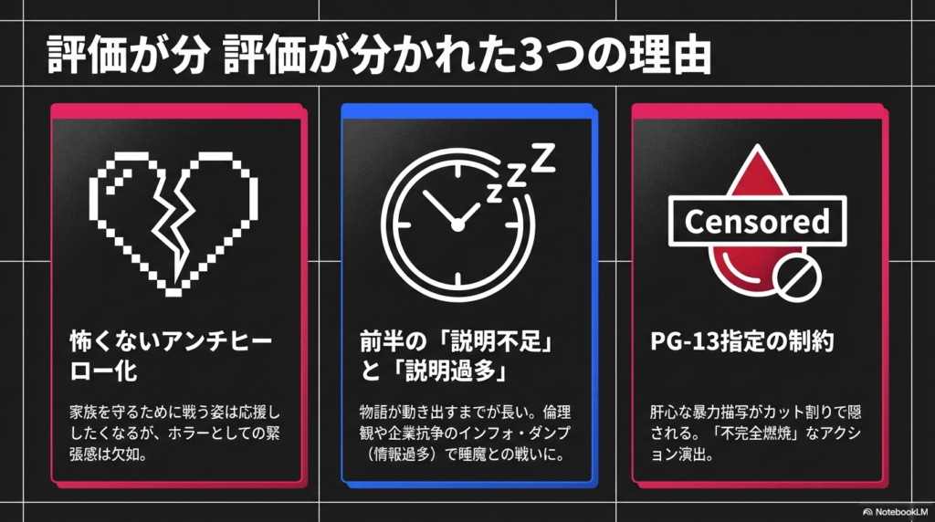 「アンチヒーロー化」「テンポの悪さ」「描写の制約（PG-13）」という3つのマイナス評価ポイントをアイコンで示した図。