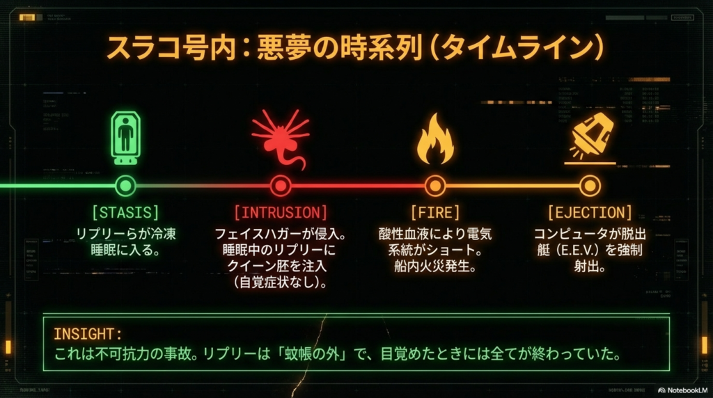 冷凍睡眠から侵入、火災、脱出艇の射出までを時系列で示したフローチャート。