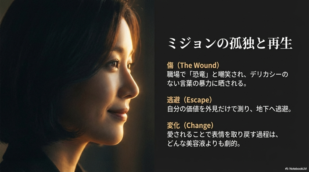 職場での嘲笑という「傷」から、愛による「変化」を経て再生していくミジョンの過程をまとめたスライド