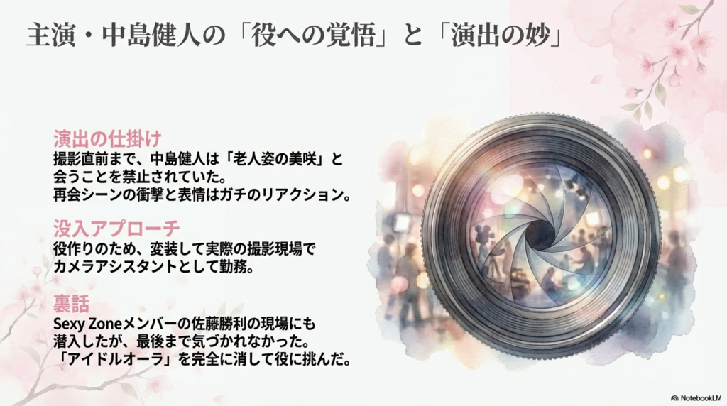 晴人役の中島健人のイラスト。老婆姿の美咲と会わずに撮影した演出や、カメラアシスタントとして潜入した裏話を掲載。