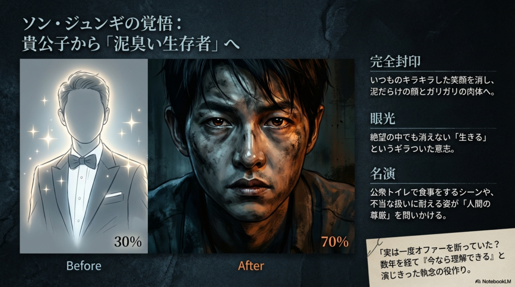 ソン・ジュンギのビフォーアフターを比較。キラキラした笑顔を封印し、泥だらけの顔と「生きる」というギラついた眼光を放つ役作りを解説するスライド。