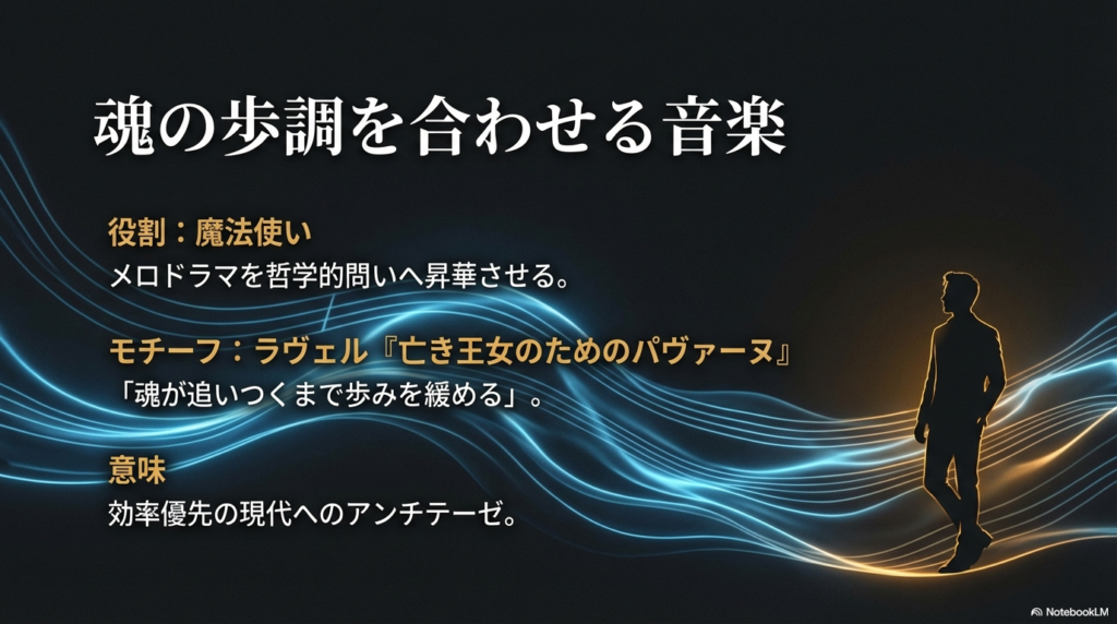 ラヴェルの楽曲をモチーフに、効率優先の現代社会へ「歩みを緩める」ことを説く哲学的な意味を解説したスライド