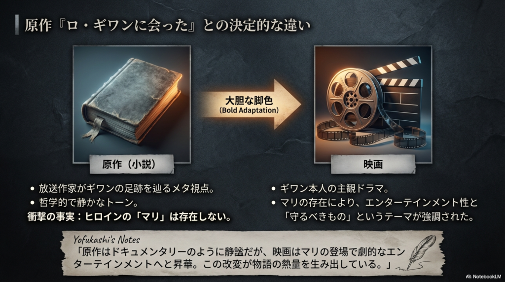 脱北者の現実か愛の救いか、恋愛要素をめぐる否定派と肯定派の意見を対比させた解説スライド。