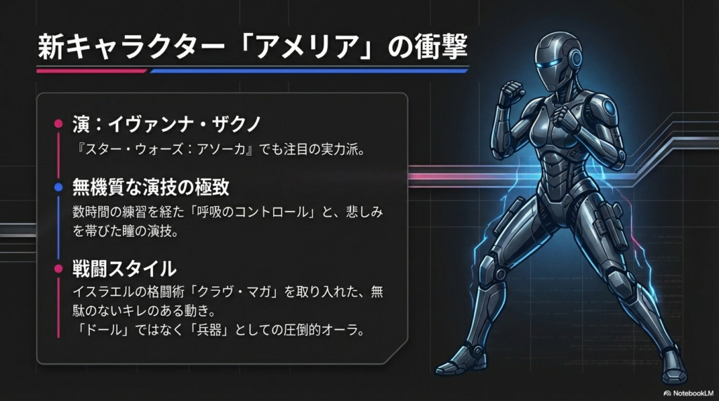 アメリアの全身ビジュアルと、演じるイヴァンナ・ザクノの情報、クラヴ・マガを取り入れた戦闘スタイルの解説。