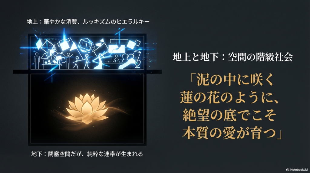 泥の中に咲く蓮の花のイラストと共に、ルッキズムのヒエラルキーがある「地上」と、連帯が生まれる「地下」を対比させたスライド