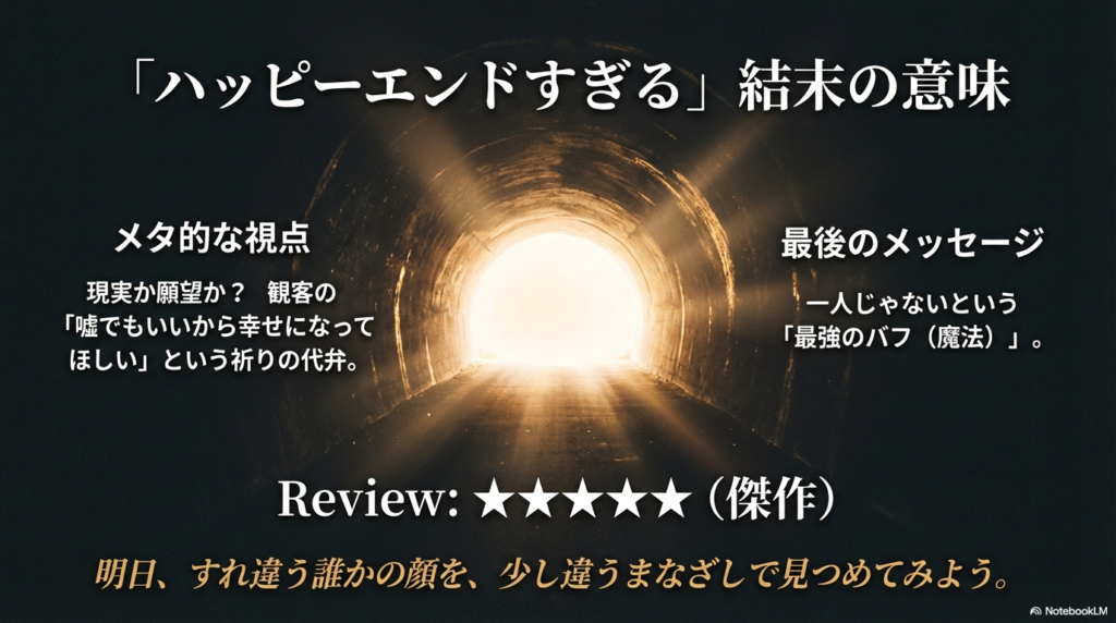ハッピーエンドへのメタ的視点と、明日から他人を見つめる眼差しを変えてみようという結末の意義をまとめたスライド