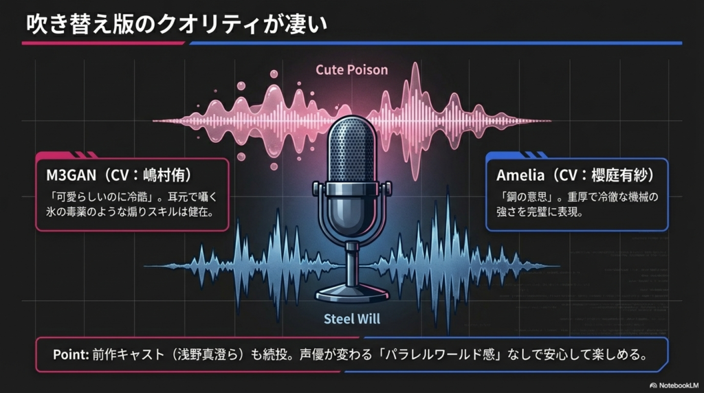 ミーガン（CV:嶋村侑）とアメリア（CV:櫻庭有紗）の吹き替えコンセプト「Cute Poison（氷の毒薬）」と「Steel Will（鋼の意思）」の紹介。