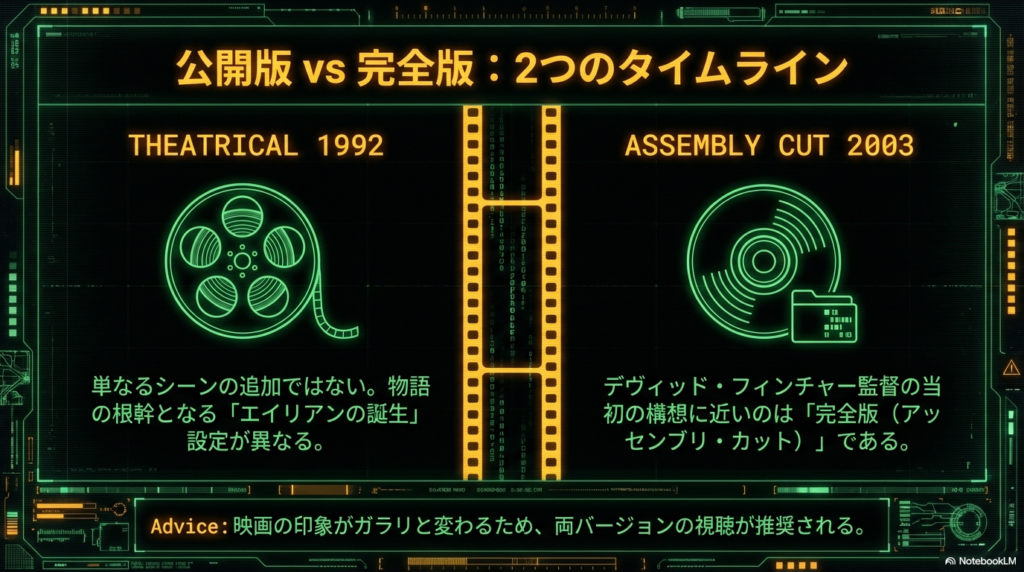 映画フィルムとディスクのアイコン。「1992年公開版」と「2003年完全版（アッセンブリ・カット）」の文字。