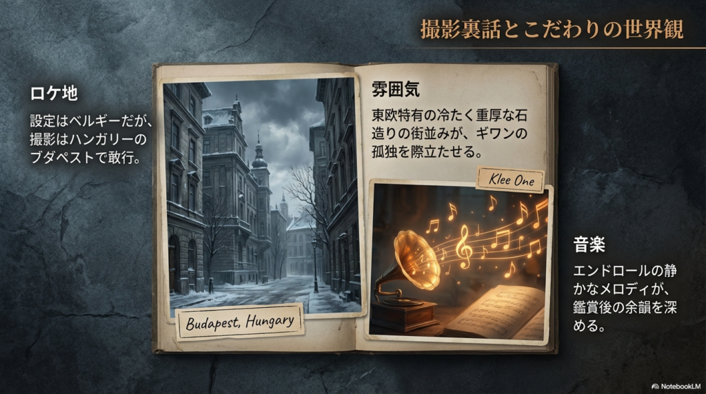 設定はベルギーだが撮影はブダペストで行われたこと、冷たく重厚な石造りの街並み、そしてエンドロールの音楽についての情報をまとめたスライド。