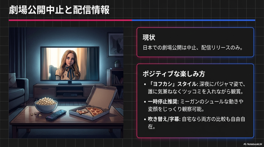 自宅のテレビで映画を観るイラスト。一時停止や吹き替え・字幕の比較など、配信ならではのポジティブな楽しみ方の提案。