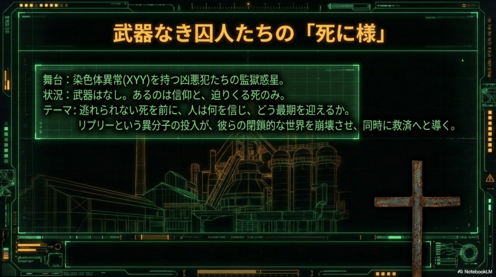 武器なき囚人たちが、死を前に信仰と向き合うテーマを示したスライド。
